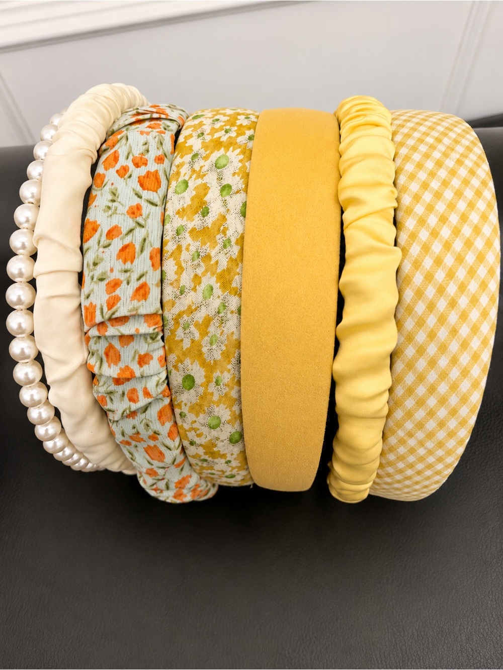 7-Piece Headband Bundle – Yellow Floral, Gingham & Pearl Styles
